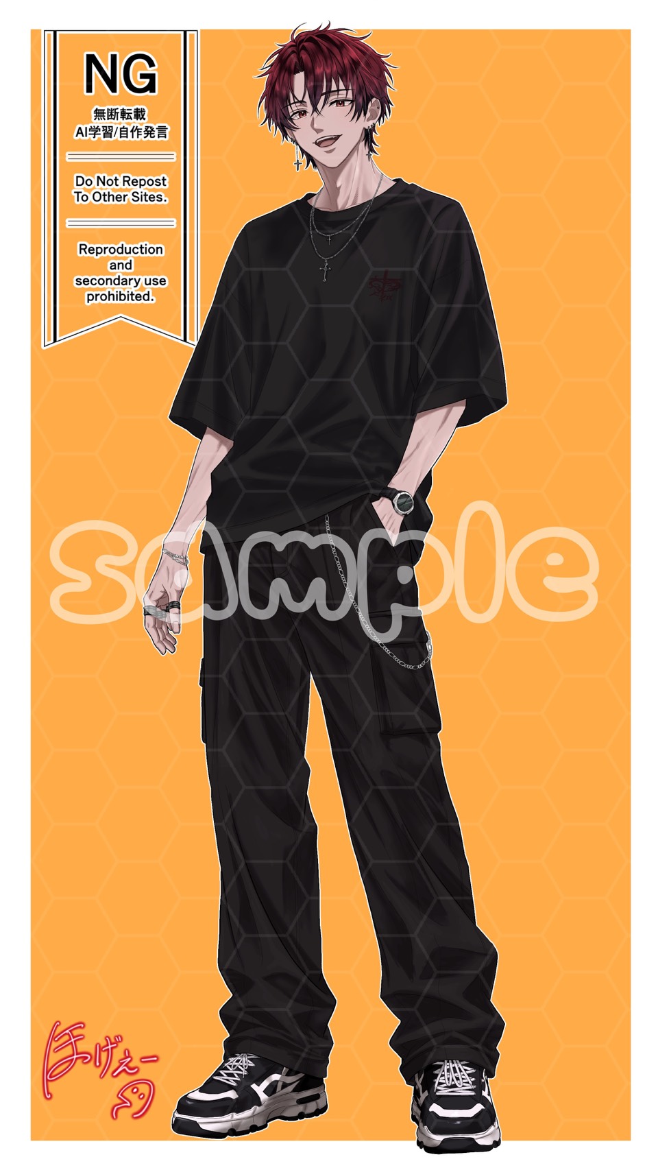 赤髪で黒いカジュアル衣装の男性の全身立ち絵サンプル