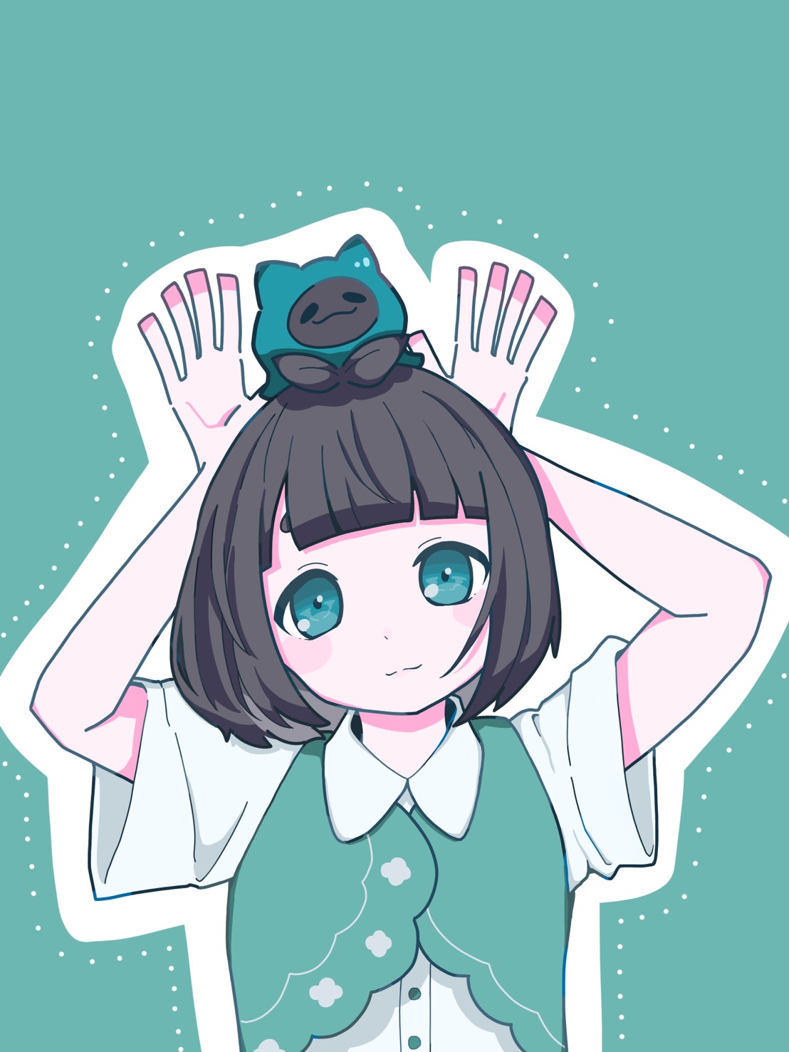 緑の背景で両手を上げる黒髪の人物と頭の上の小さなキャラクターの一枚絵サンプル